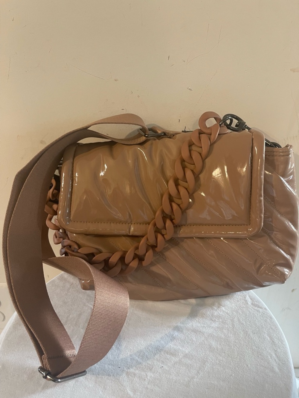 Think Roslyn Quilted Patent Crossbody Bag with Chain Detail